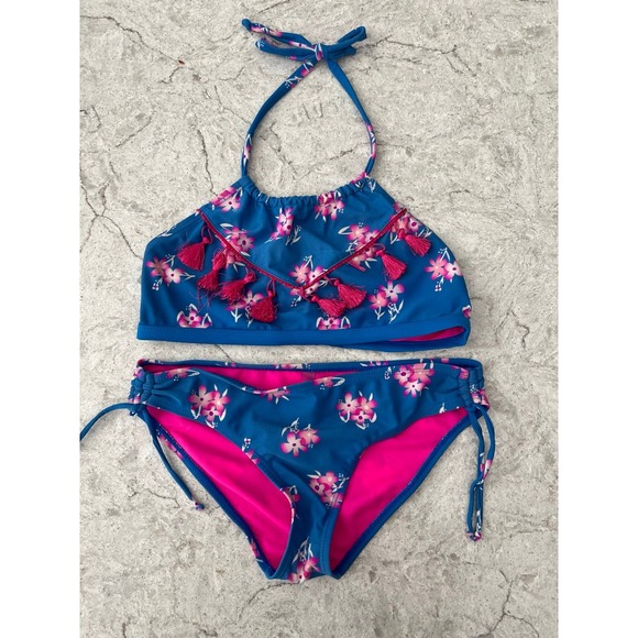The Unbranded Brand Other - Youth Girls 2 Piece Bikini Swimsuit Set  Blue & Hot Pink Floral Pattern- Size 14